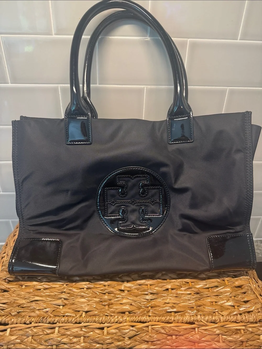 Tory Burch Black Nylon Tote with Patent Logo